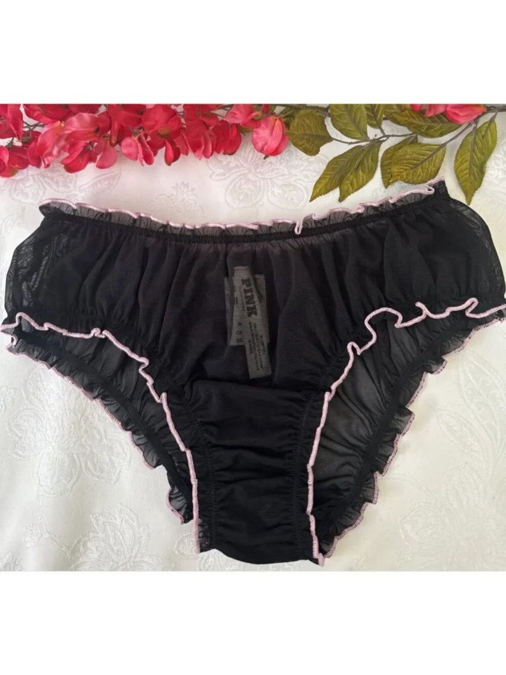 VICTORIA'S SECRET M BLACK PINK PUCKERED RUFFLE MESH SISSY CHEEKY PANTIES NWT